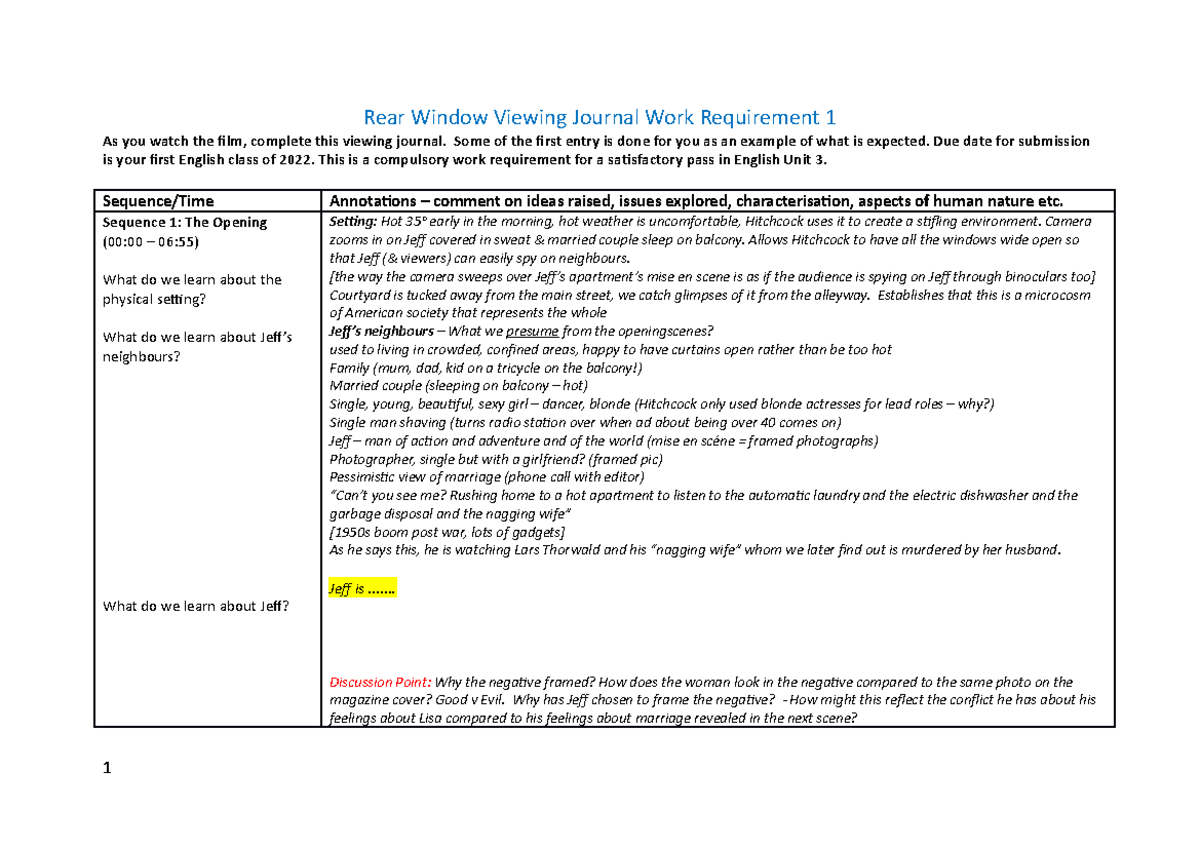 RW Viewing Journal - Rear Window Viewing Journal Work Requirement 1 As ...
