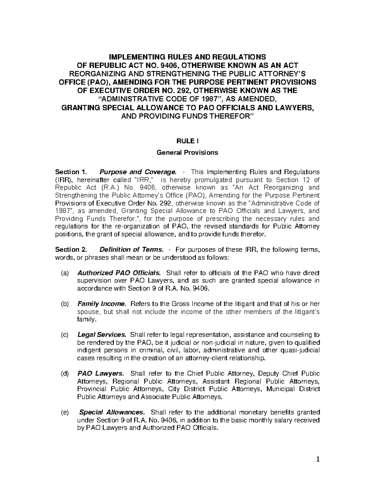 PAOLAWIRR IRR for PAO IMPLEMENTING RULES AND REGULATIONS OF