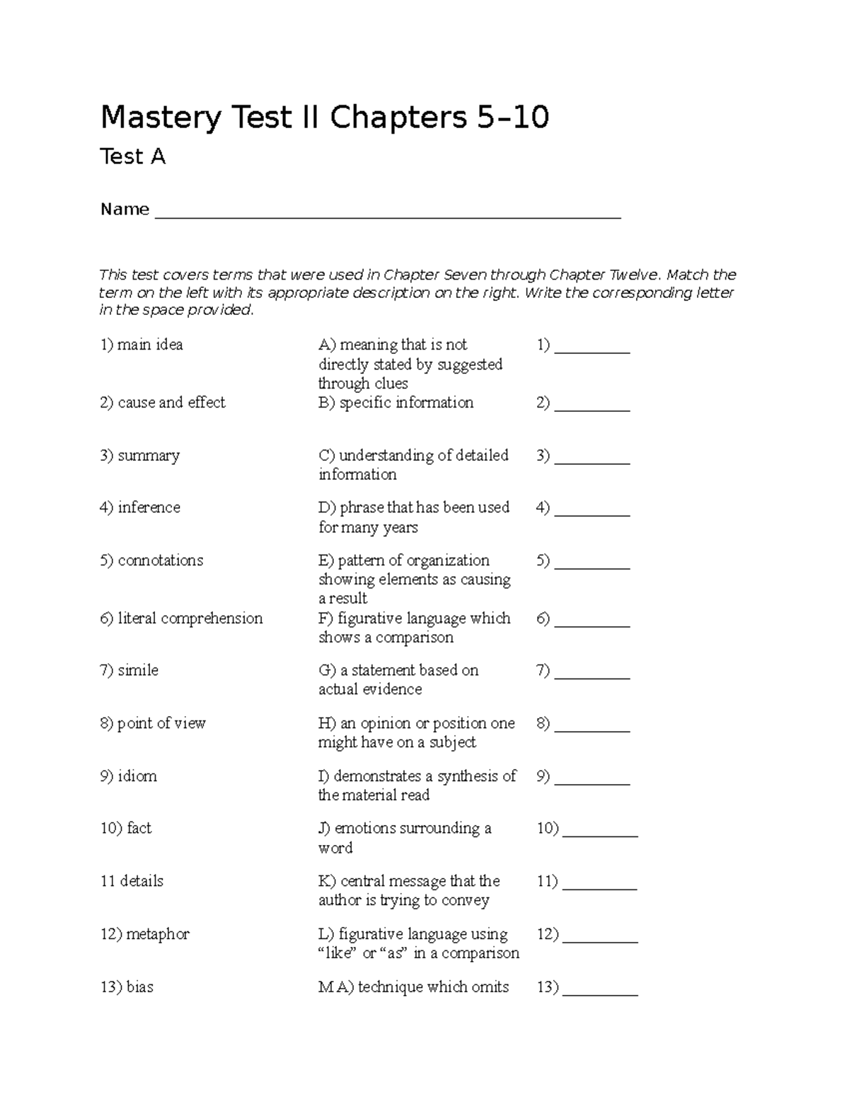 Mastery Test II Chapters 5 hrough 10 Mastery Test II Chapters 5 Test