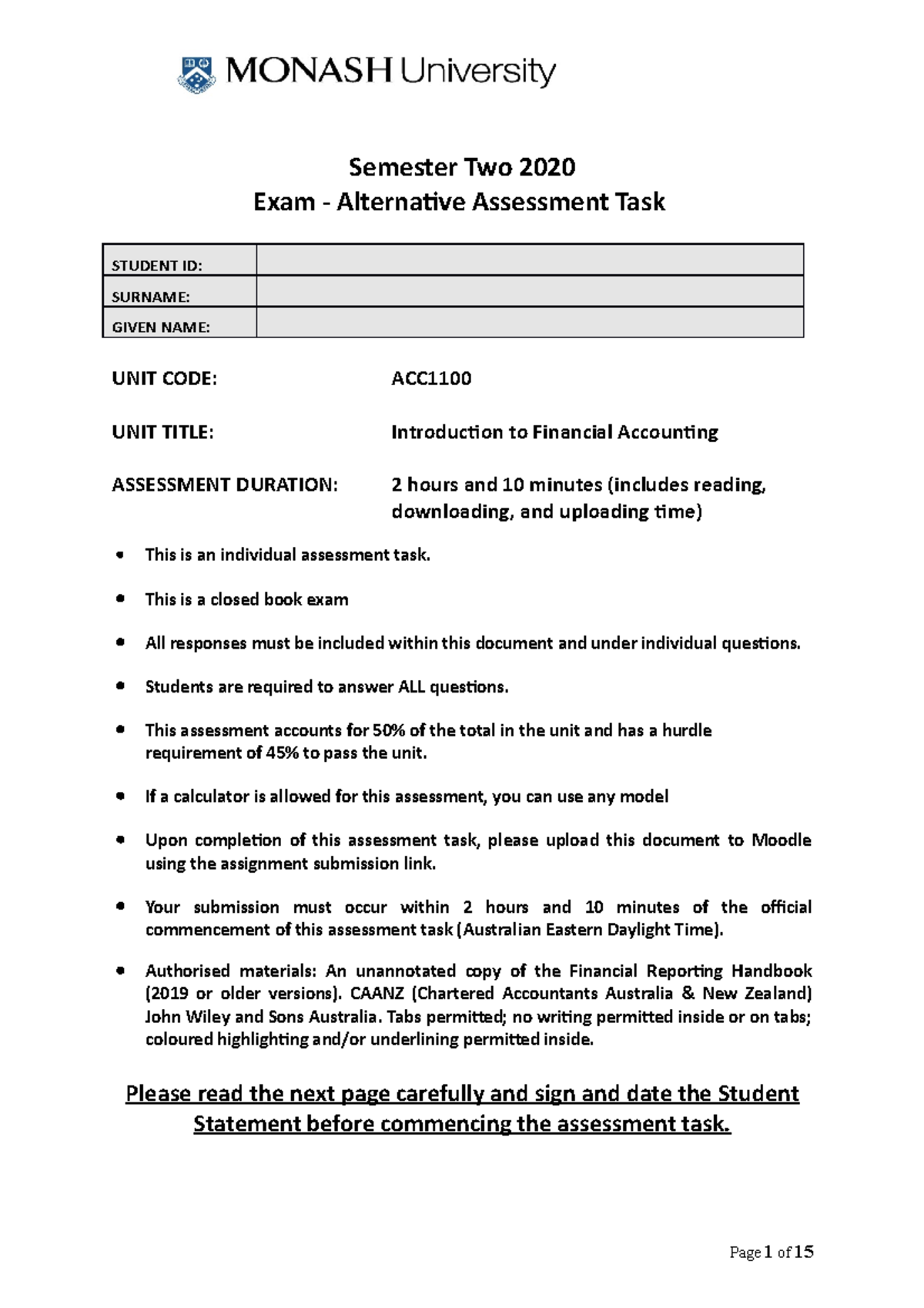 ACC1100 S2 2020 Final exam - Semester Two 2020 Exam - Alternative ...