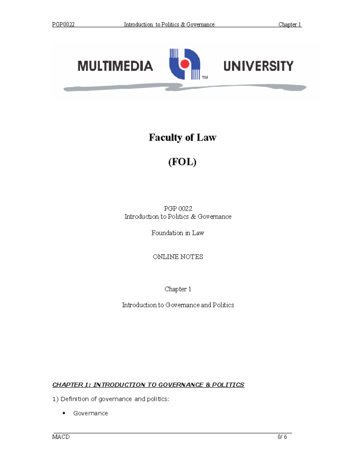 Chapter 1-lecture note - PGP 0022 Introduction to Politics & Governance ...