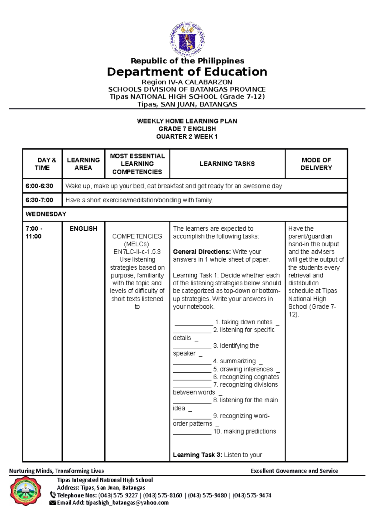 Weekly HOME Learning PLAN-Q2 - Department of Education Region IV-A ...