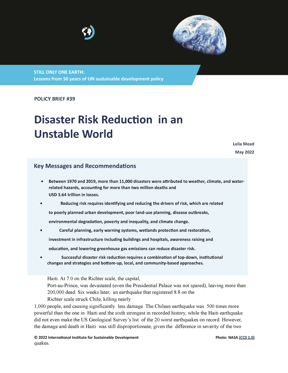 Still-one-earth-disaster-risk-reduction - POLICY BRIEF Disaster Risk ...