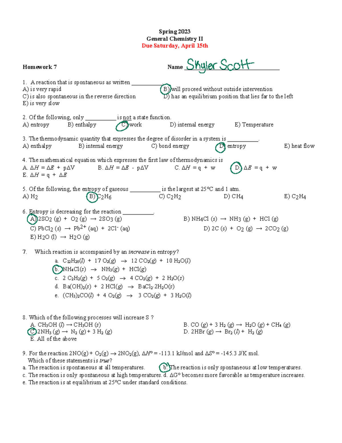 Chemistry Hw 7 Spring 2023 General Chemistry Ii Due Saturday April