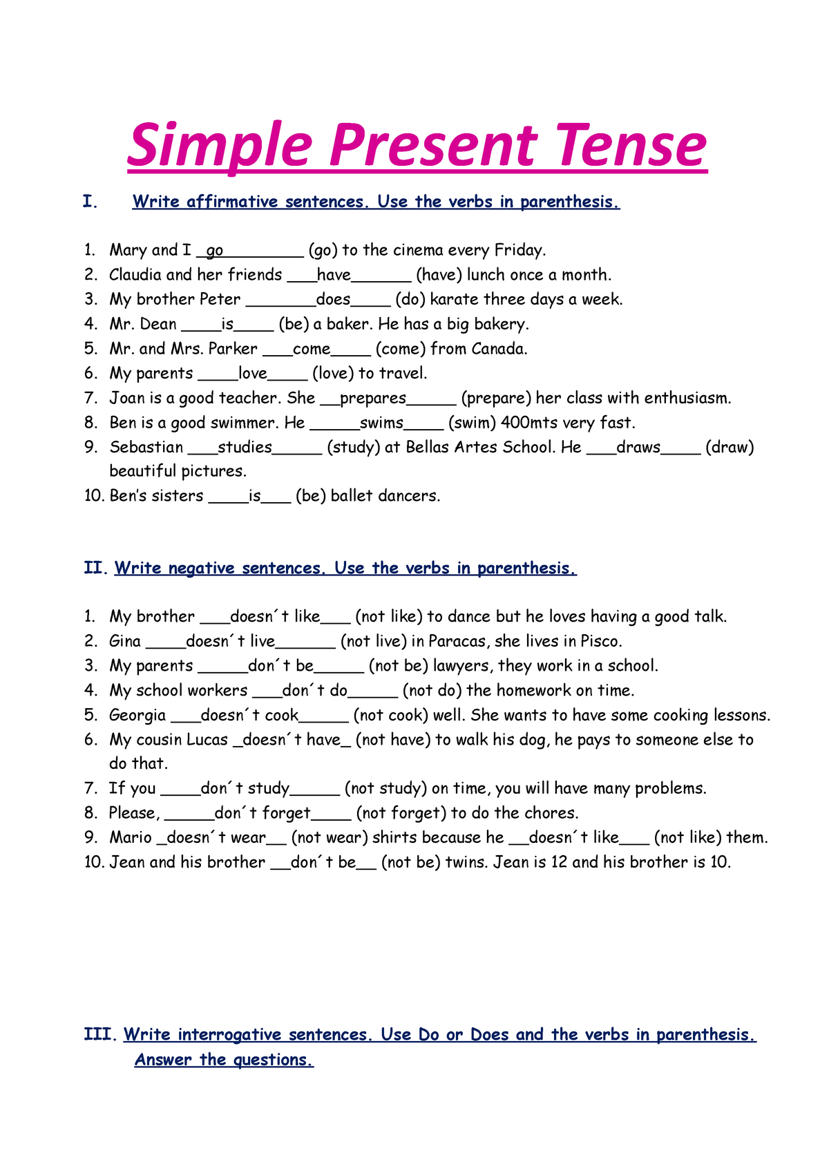 write affirmative sentences. use the verbs in parenthesis