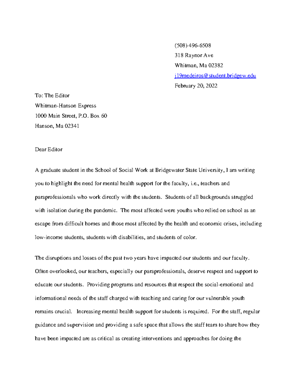 Letter to the editor Paper (508) 496 318 Raynor Ave Whitman, Ma