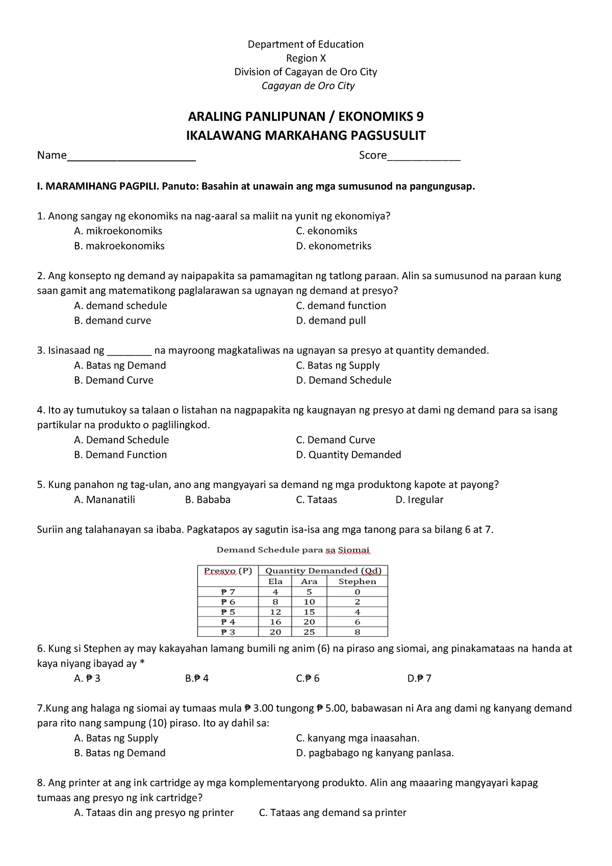 Aral Pan 9 2nd Quarter Exam Department Of Education Region X Division Of Cagayan De Oro City 8778