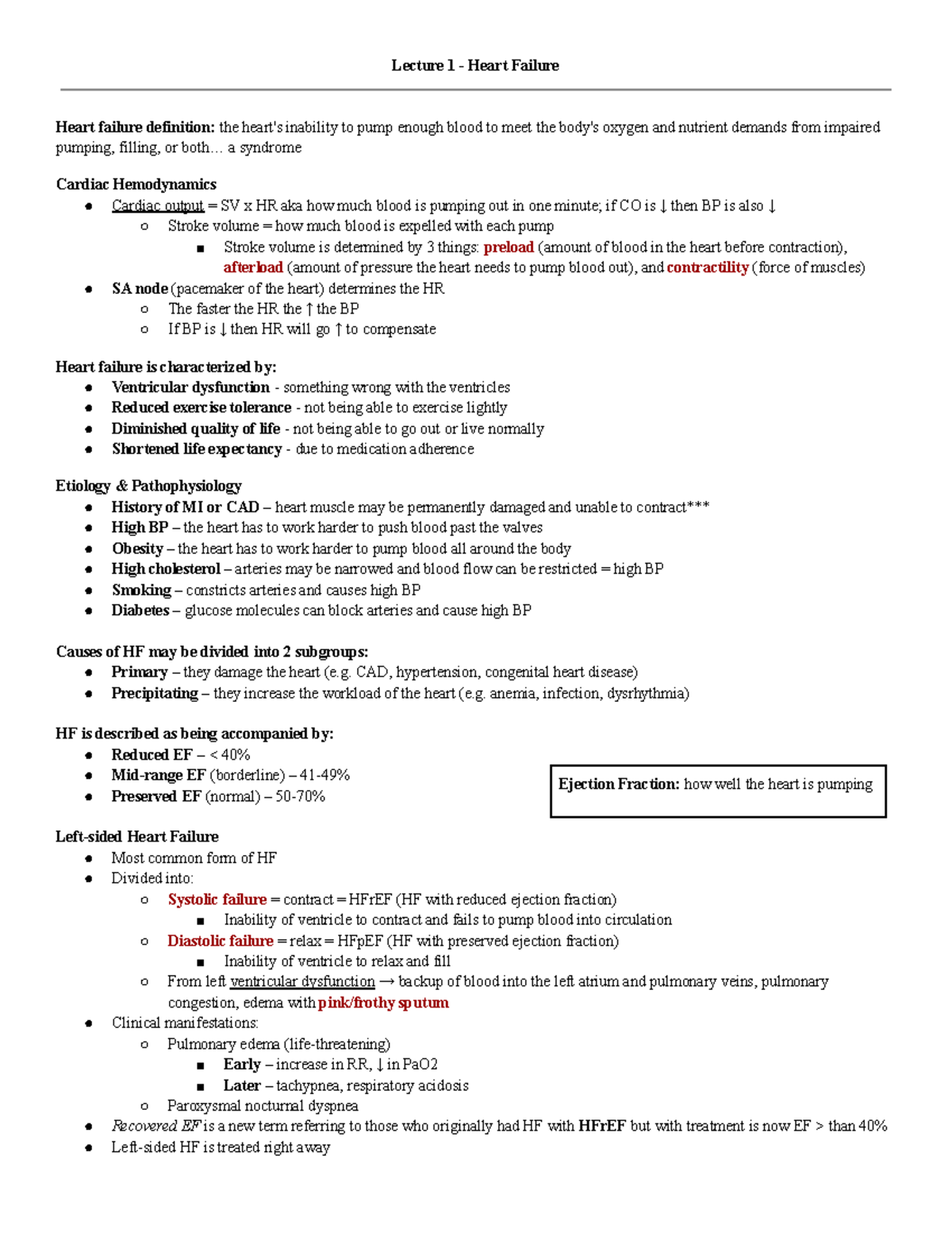Midterm Summary Notes - Lecture 1 - Heart Failure Heart failure ...