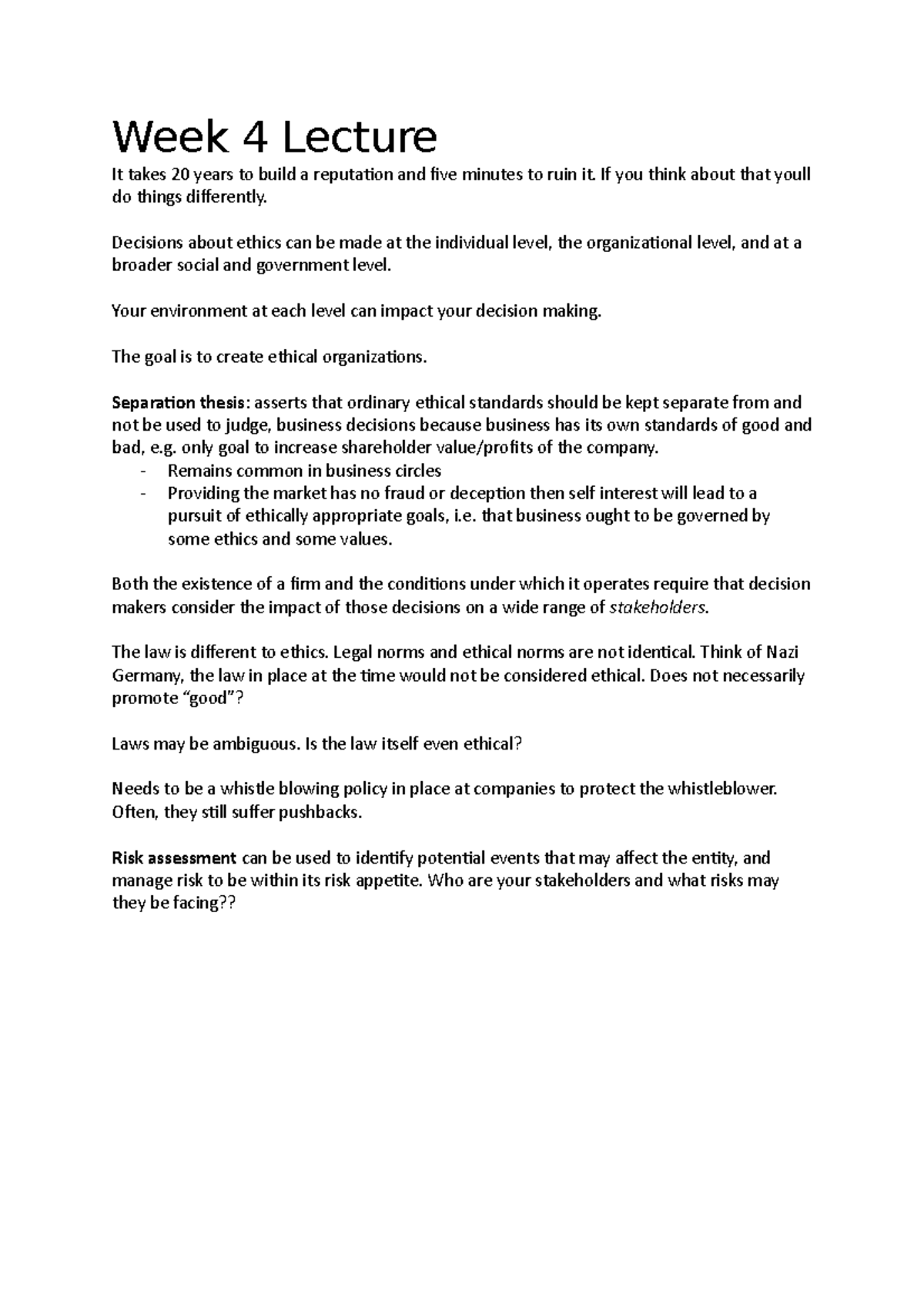 Week 4 Lecture notes with some detail - Week 4 Lecture It takes 20 ...