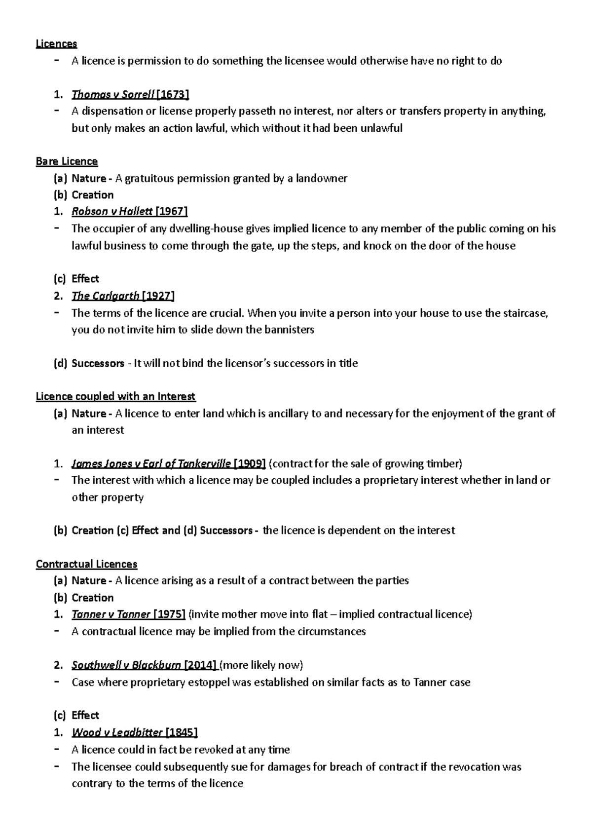 Licences - Land Law B - Licences - A Licence Is Permission To Do ...