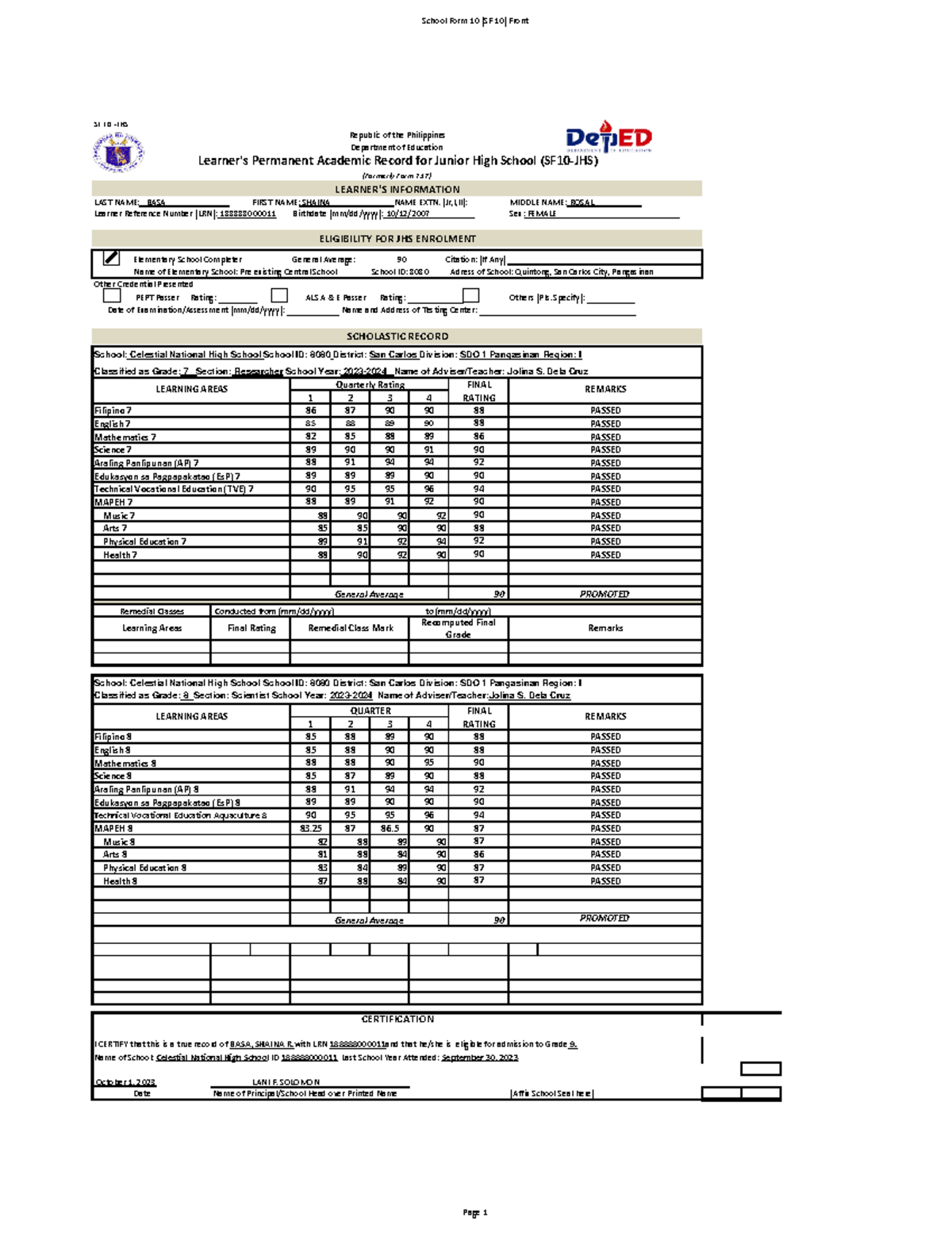 SF10-JO - Fasd - School Form 10 (SF 10) Front SF 10 -JHS LAST NAME ...