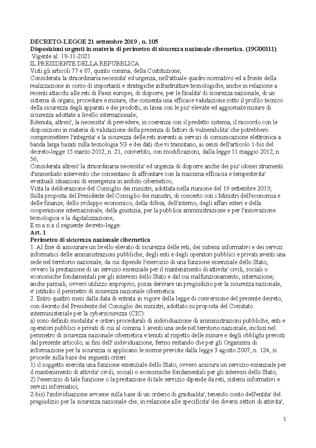 D l 105 del 2019 Perimetro sicurezza nazionale DECRETO