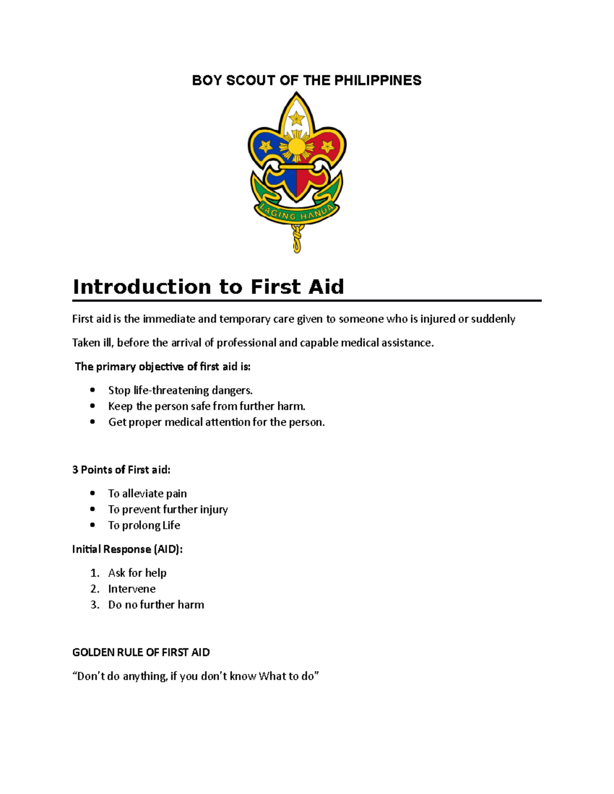 Scouting First AID 1 - BOY SCOUT OF THE PHILIPPINES Introduction to ...