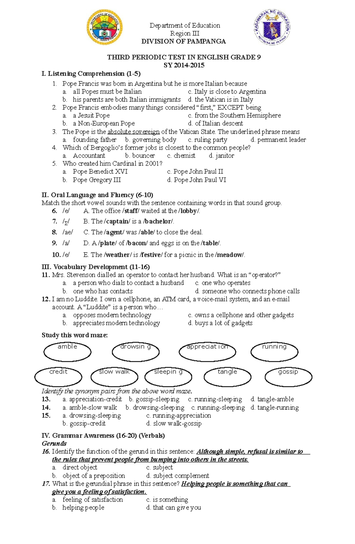 English 9 Answer Key Amble Drowsin G Appreciat Ion Running Credit 