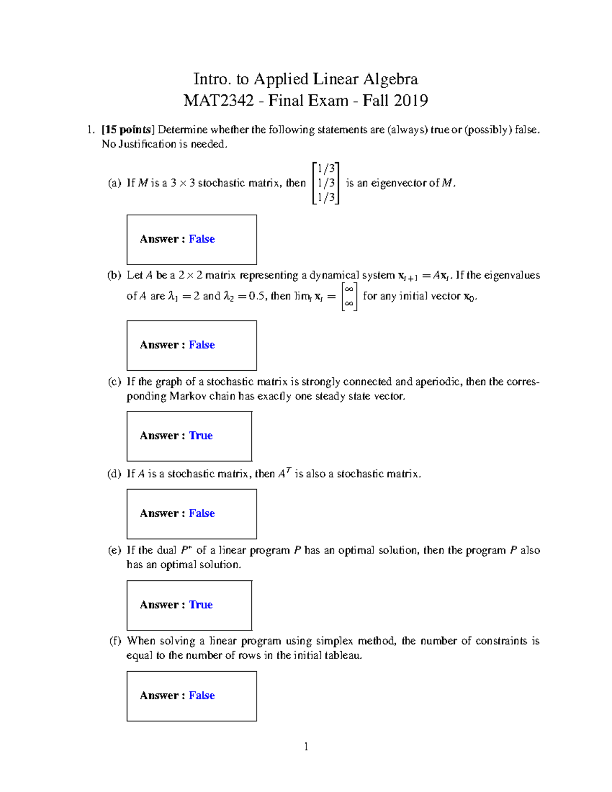 2019 Final Exam solution - Intro. to Applied Linear Algebra MAT2342 ...