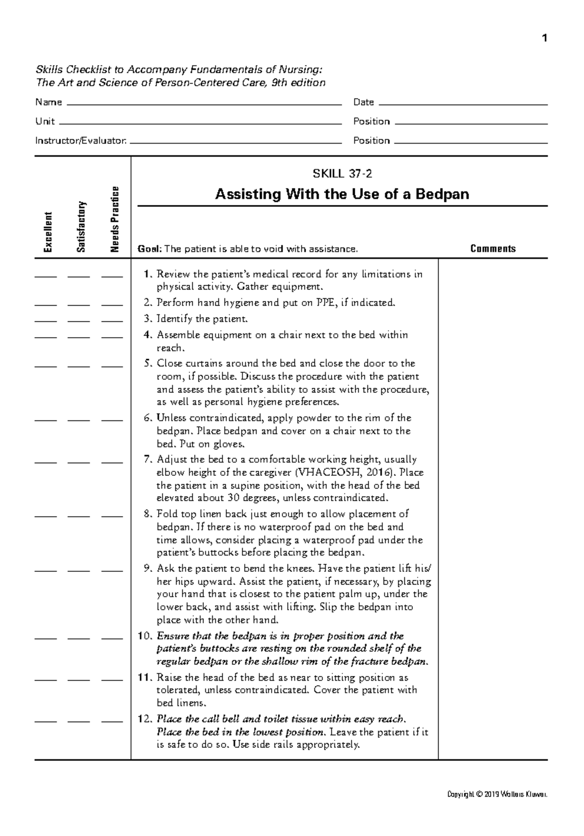 Ch 37 Bedpan asst Nursing skills checklist Skills Checklist to Fundamentals of