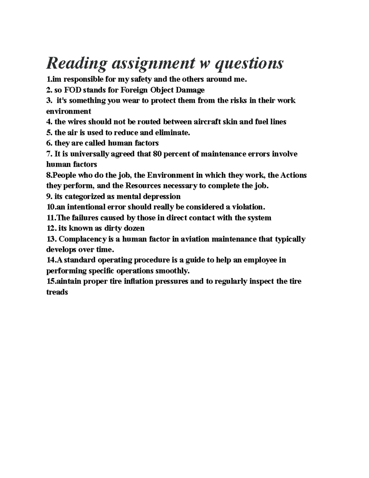 reading assignment with questions