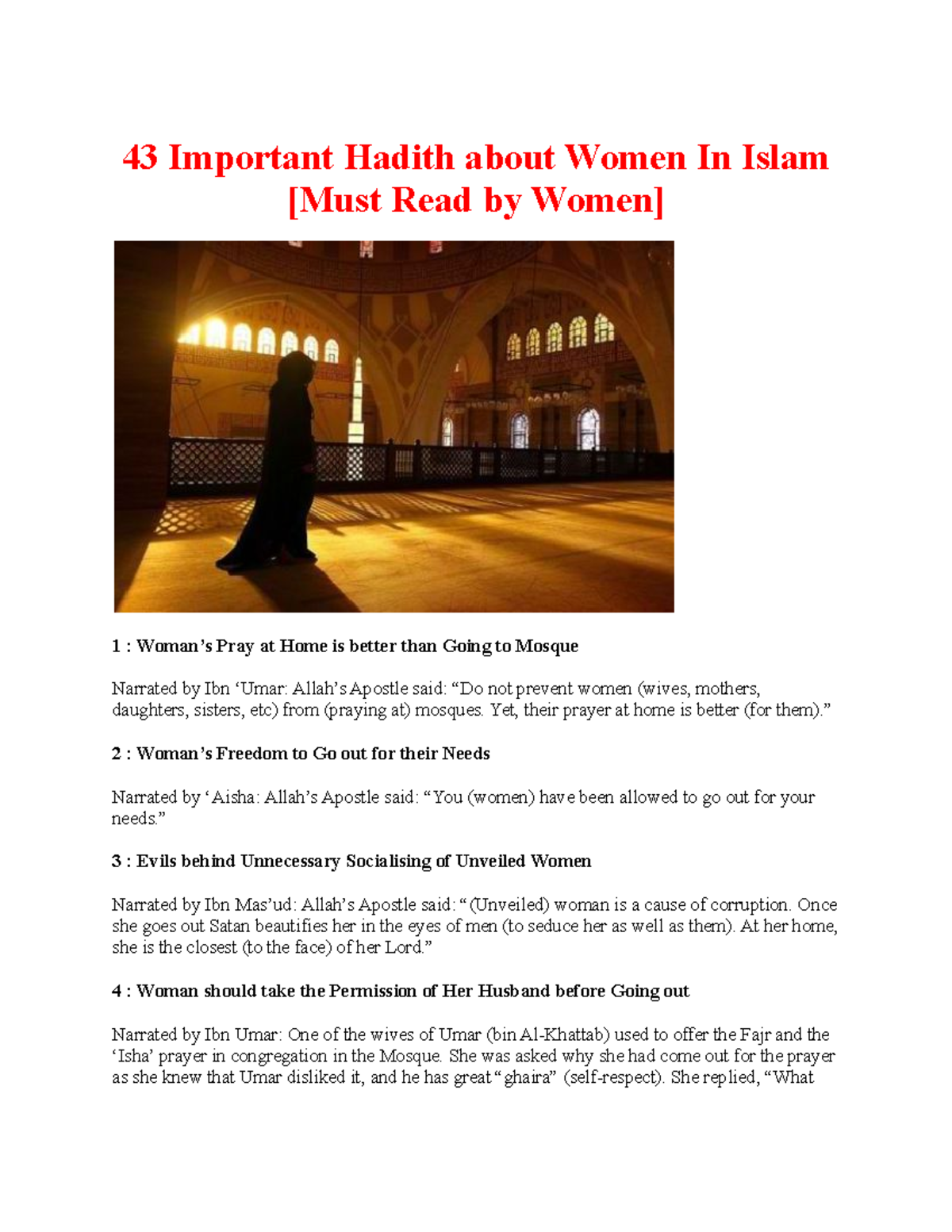43 Important Hadith about Women In Islam Yet, their prayer at home is
