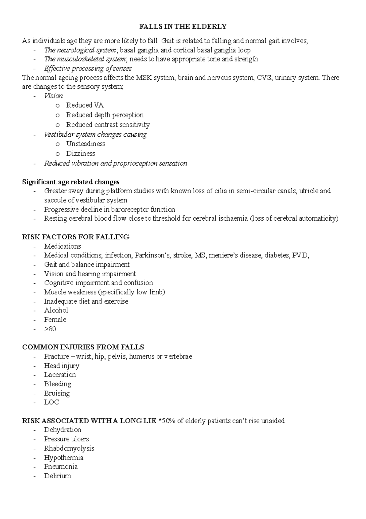 Falls IN THE Elderly - Summary notes - FALLS IN THE ELDERLY As ...