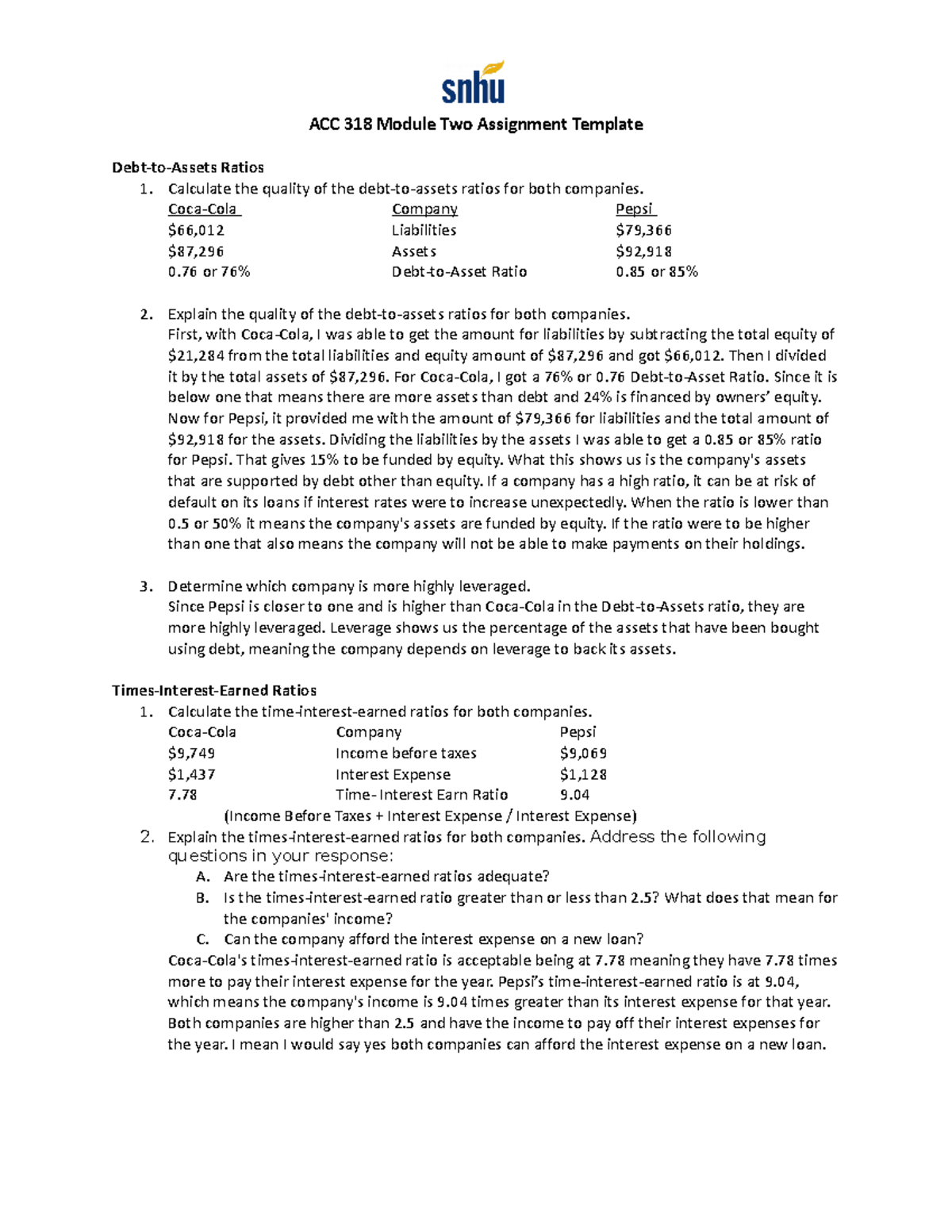 ACC 318 Module Two Assignment - Calculate The Quality Of The Debt-to ...