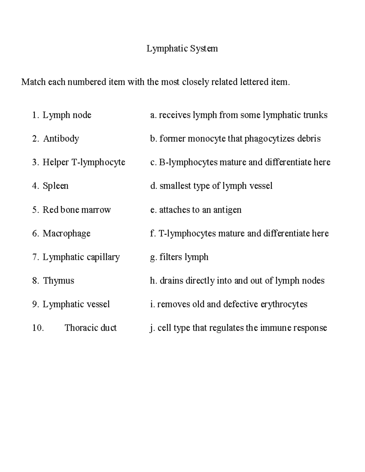 Anat216 Lymphatic System Review Questions - Lymphatic System Match Each ...