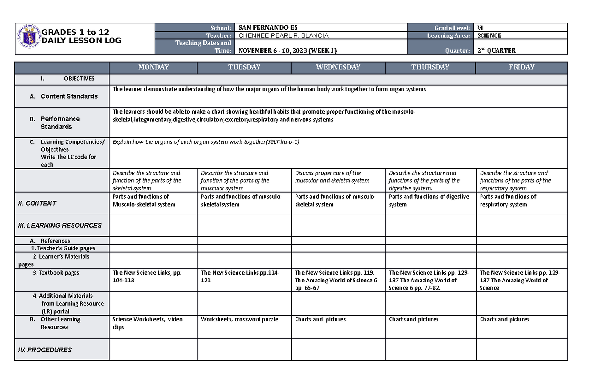 DLL Science 6 Q2 W1 - tutorial work - GRADES 1 to 12 DAILY LESSON LOG ...