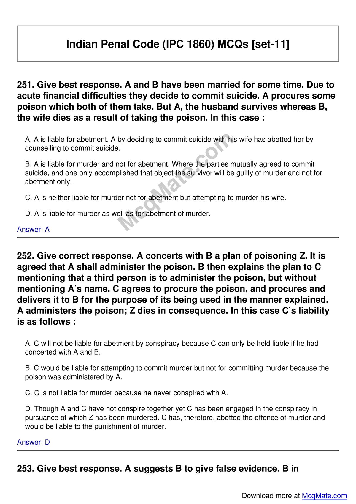 Indian Penal Code Ipc 1860 Solved Mcqs [set 11] Mcq Indian