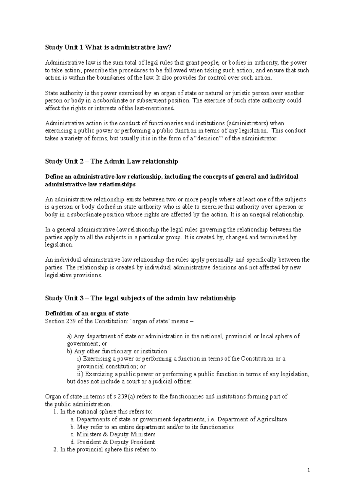 ADL2601 Admin Law Notes Study Unit 1 What is administrative law