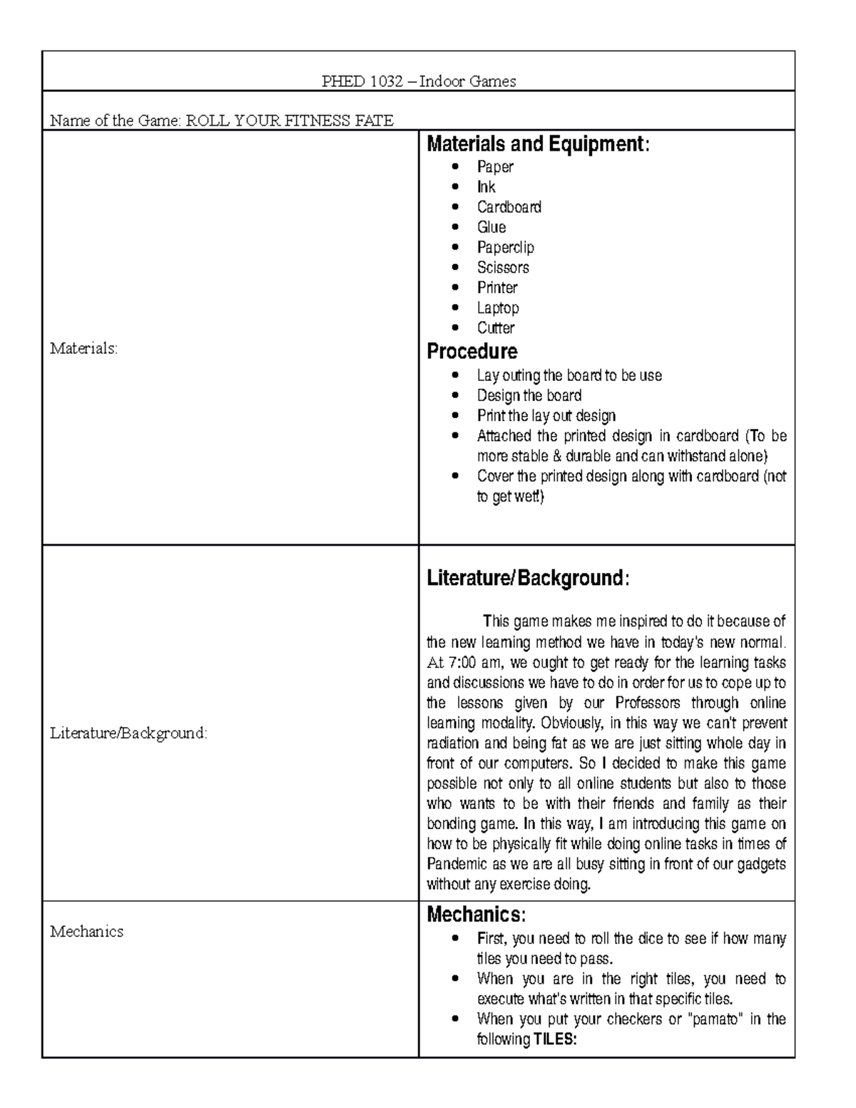 Create your own indoor game - PHED 1032 – Indoor Games Name of the Game ...