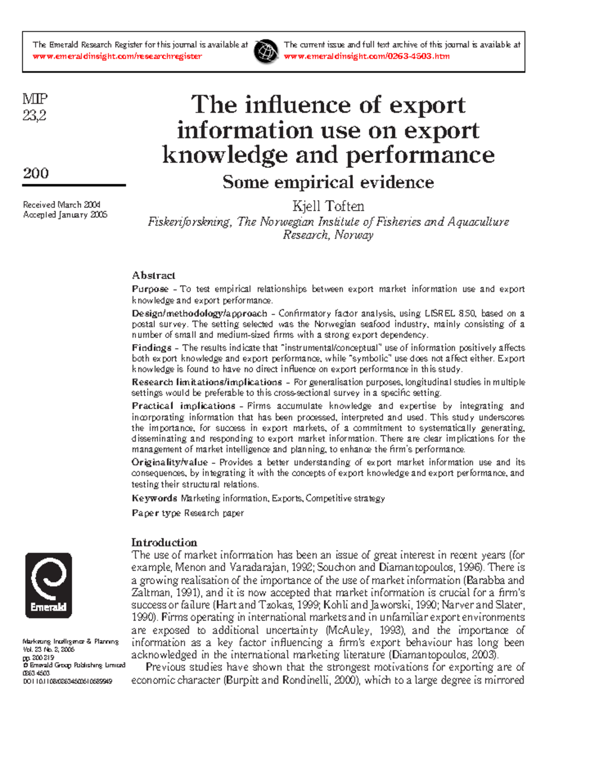 Toften, K (2005 ) The influence of export information use on export ...