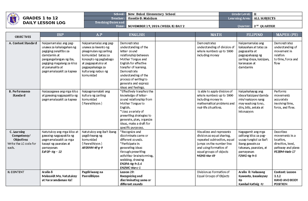 DLL ALL Subjects 2 Q2 W8 D2 - GRADES 1 to 12 DAILY LESSON LOG School ...