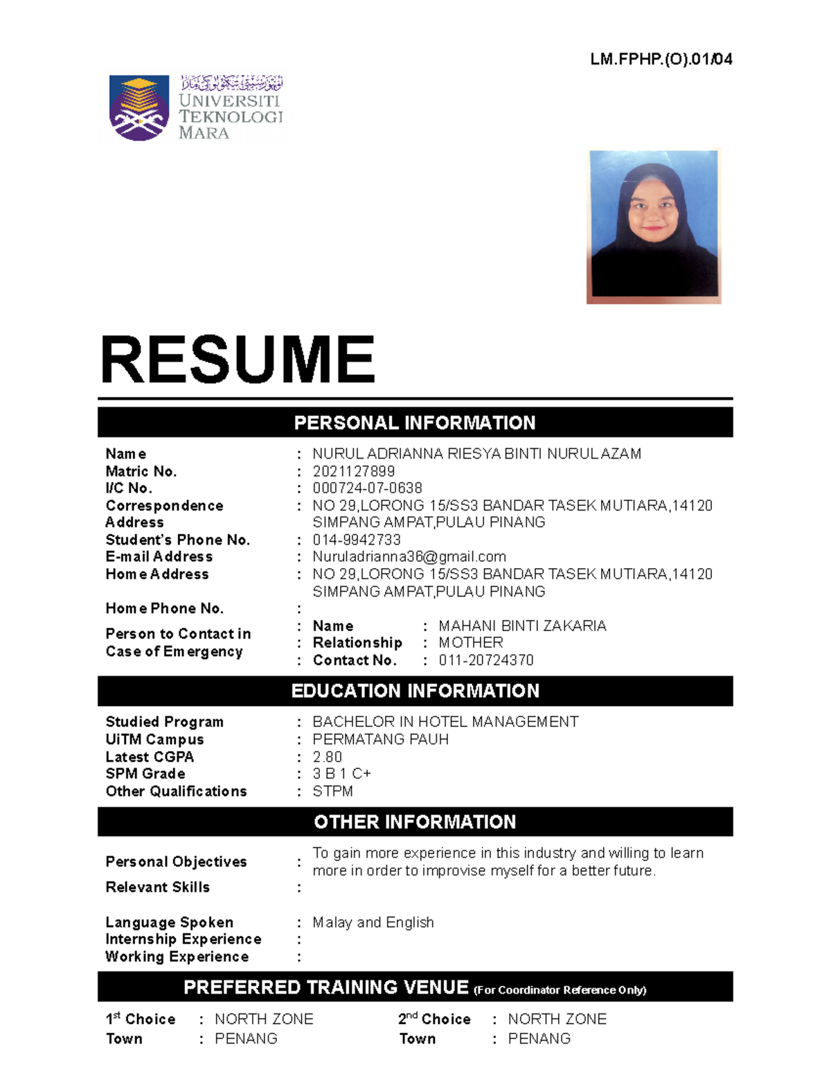 simple resume format malaysia