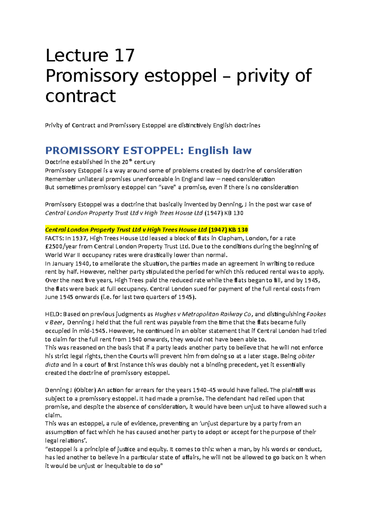 Promissory Estoppel & Privity Of Contract - Lecture 17 Promissory ...