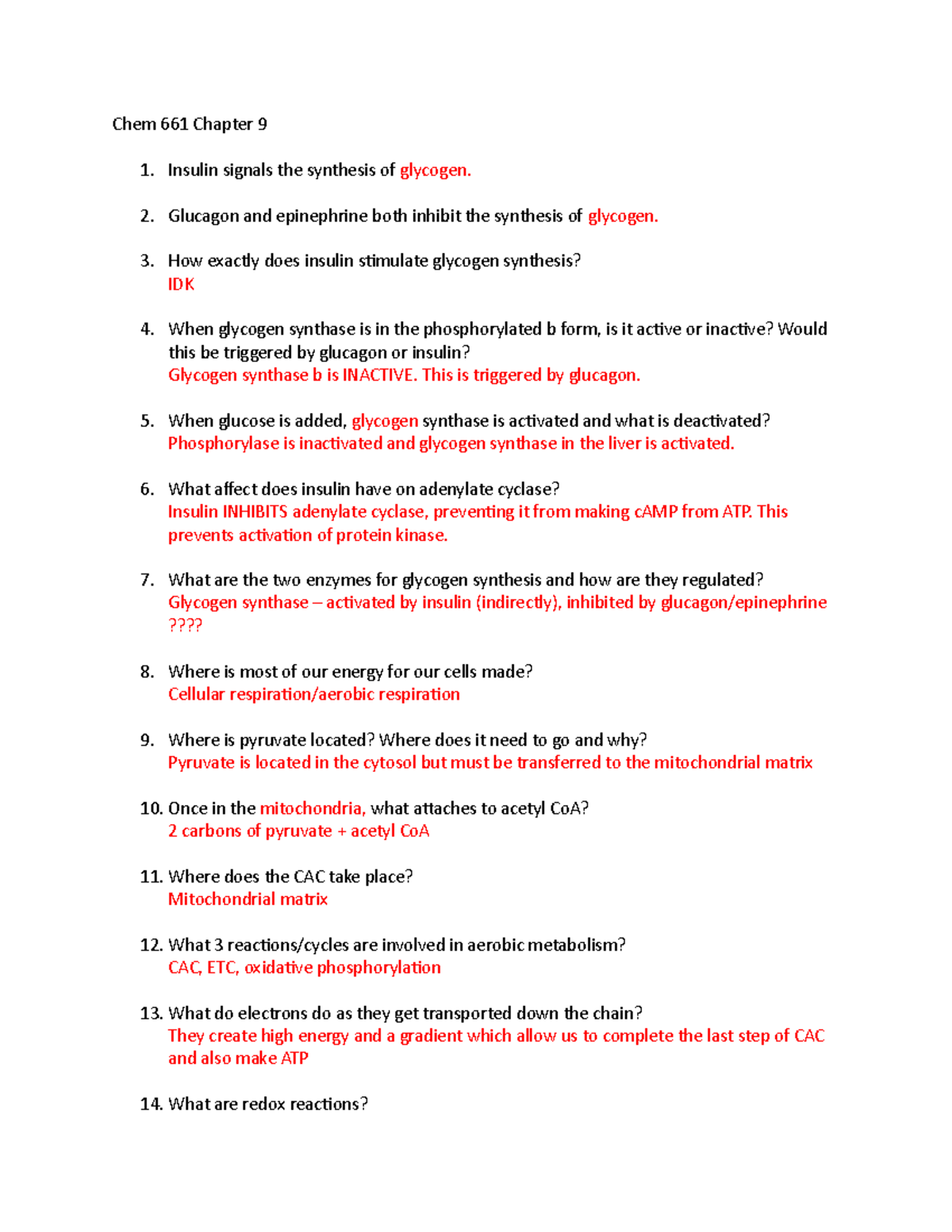 Biochem Chapter 9 - CAC - Chem 661 Chapter 9 Insulin signals the ...