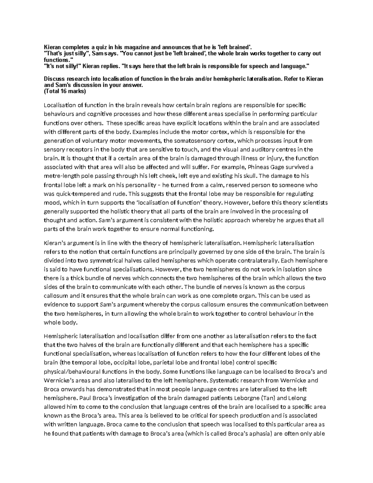 Psychology - Localisation of function & hemispheric lateralisation copy ...