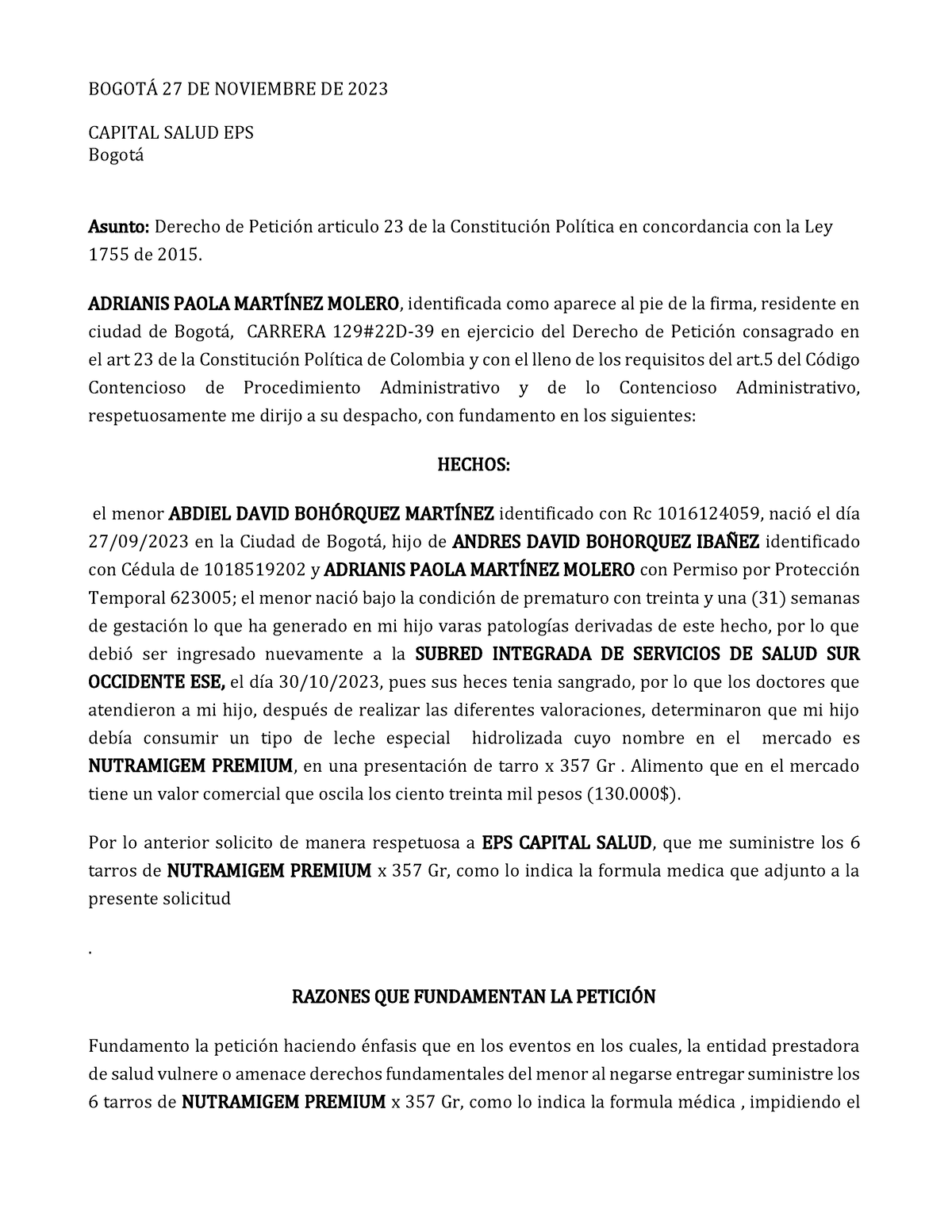 Derecho DE Peticion Abdiel Bohorquez - BOGOTÁ 27 DE NOVIEMBRE DE 2023 ...