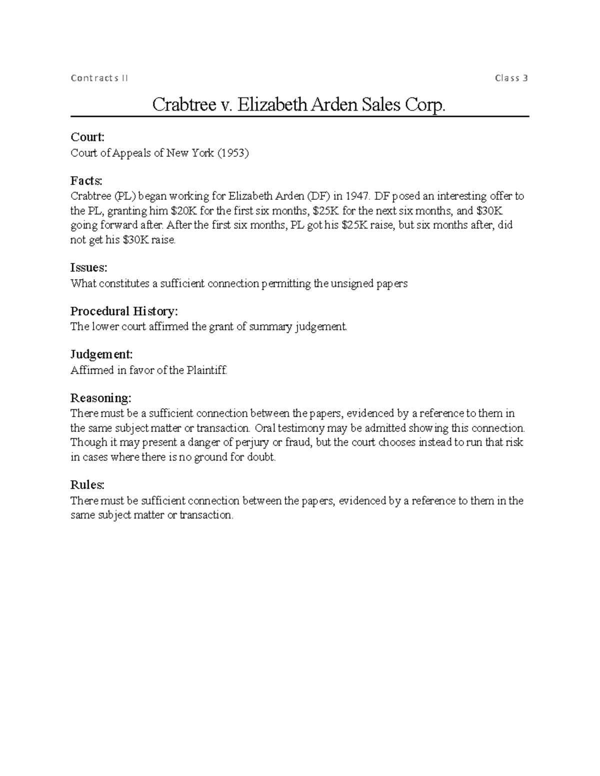 Crabtree v. Elizabeth Arden Sales Corp Contracts II Class 3 Crabtree