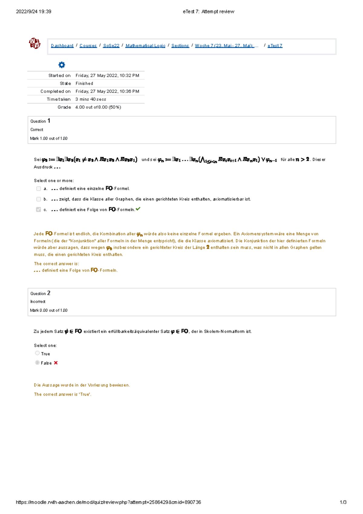 E Test 7 Attempt review E Test Mathematische Logik RWTH Aachen