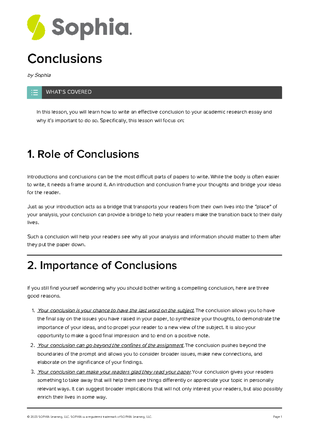Conclusions - last ch assignment - Conclusions by Sophia In this lesson ...