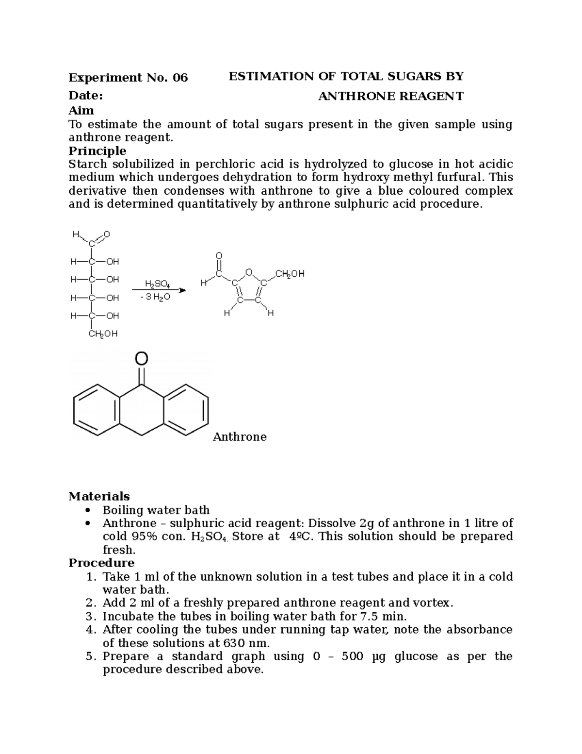 ESTIMATION OF SUGAR BY ANTHRONE METHOD(WRITTEN FORMAT). Experiment No