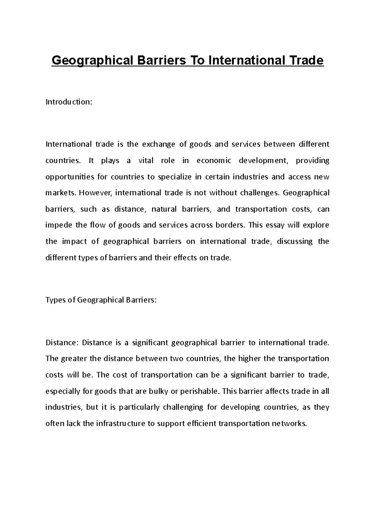 Geographical Barriers To International Trade Geographical Barriers To International Trade