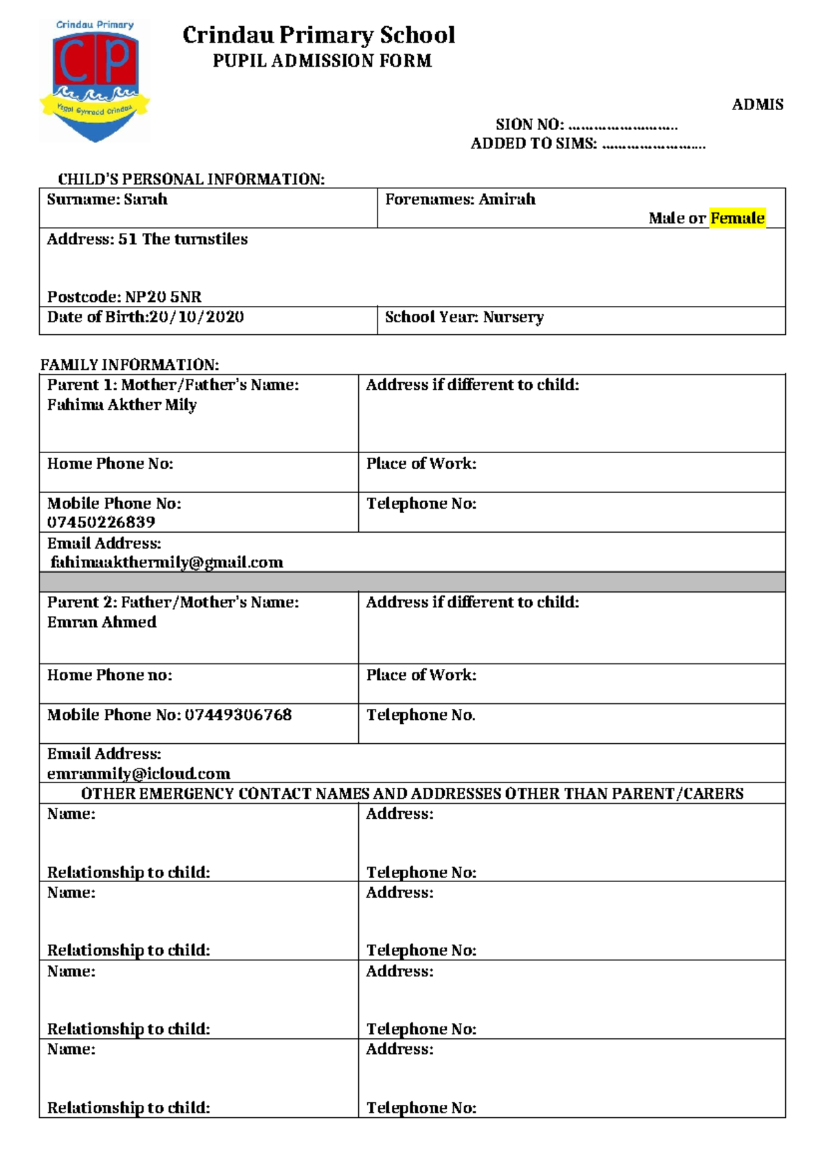 Pupil Admission pack - Crindau Primary School PUPIL ADMISSION FORM ...