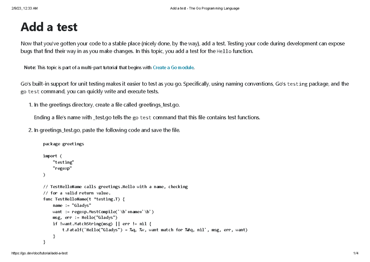 Add a test - The Go Programming Language - Add a test Now that you've ...