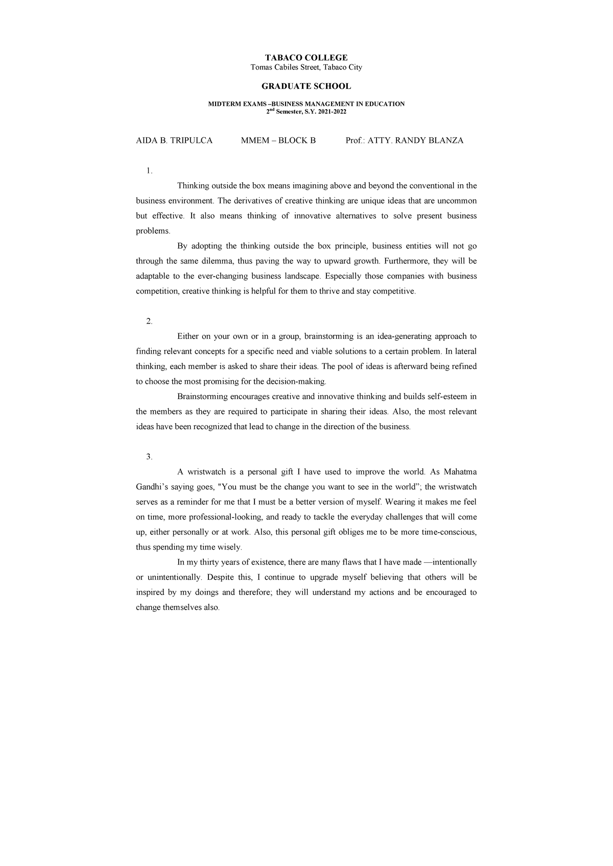 Midterm A. Tripulca Business Mgt. In Education MMEM PDF - TABACO ...