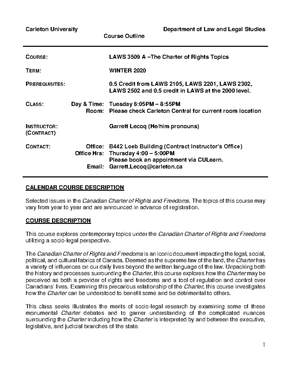 LAWS-3509-A - Syllabus - Carleton University Department of Law and ...
