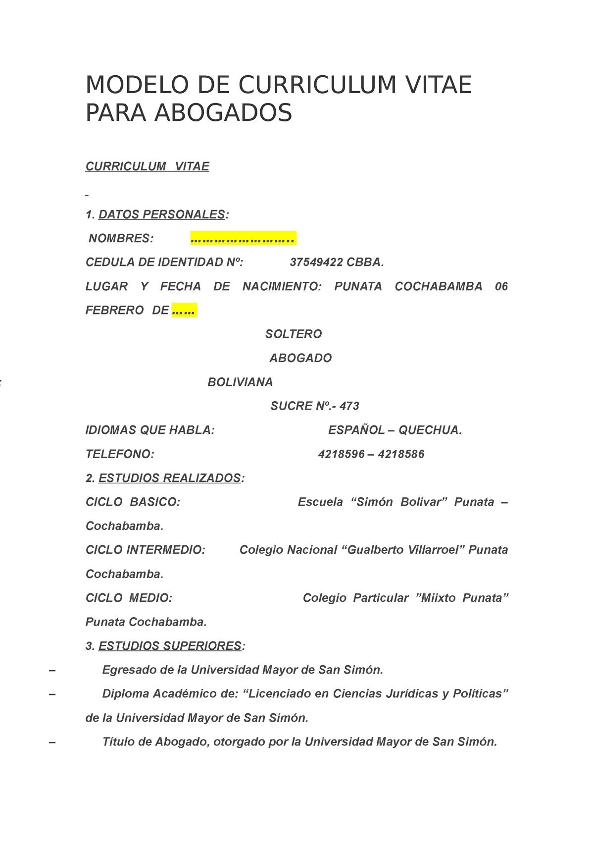 Modelo DE Curriculum Vitae PARA Abogados - MODELO DE CURRICULUM VITAE PARA  ABOGADOS CURRICULUM VITAE - Studocu