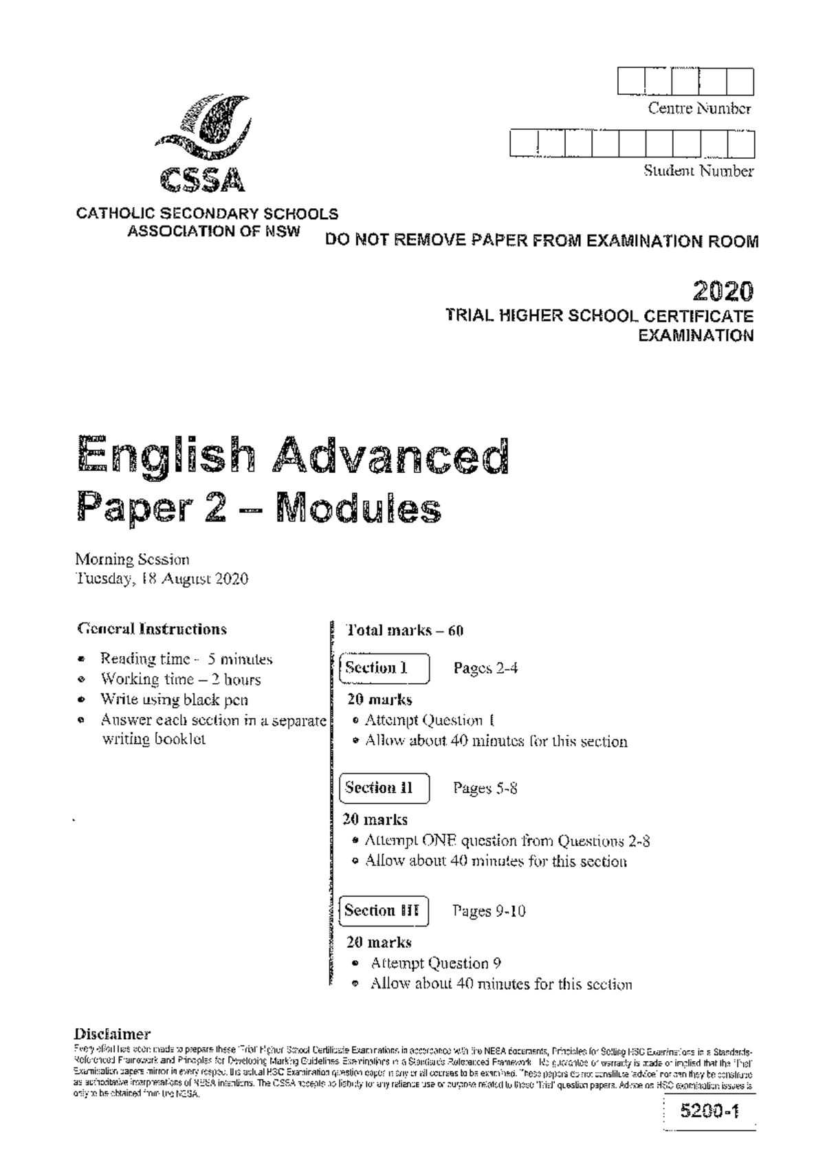 CSSA 2020 English Advanced Paper 2 - Modules - Centre Number Student ...