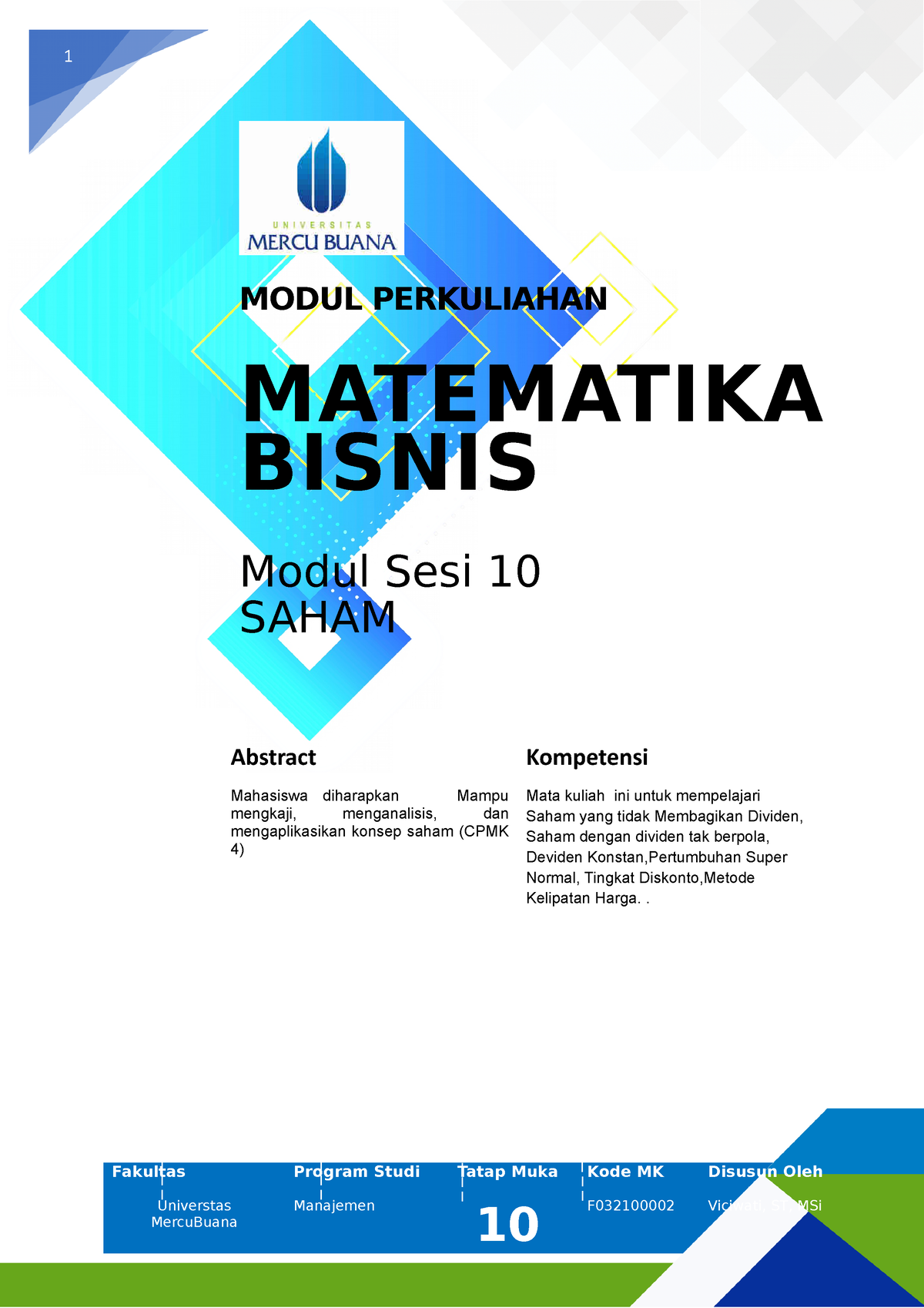 Modul SESI 10 Matematika Bisnis 2021 - 1 MODUL PERKULIAHAN MATEMATIKA ...