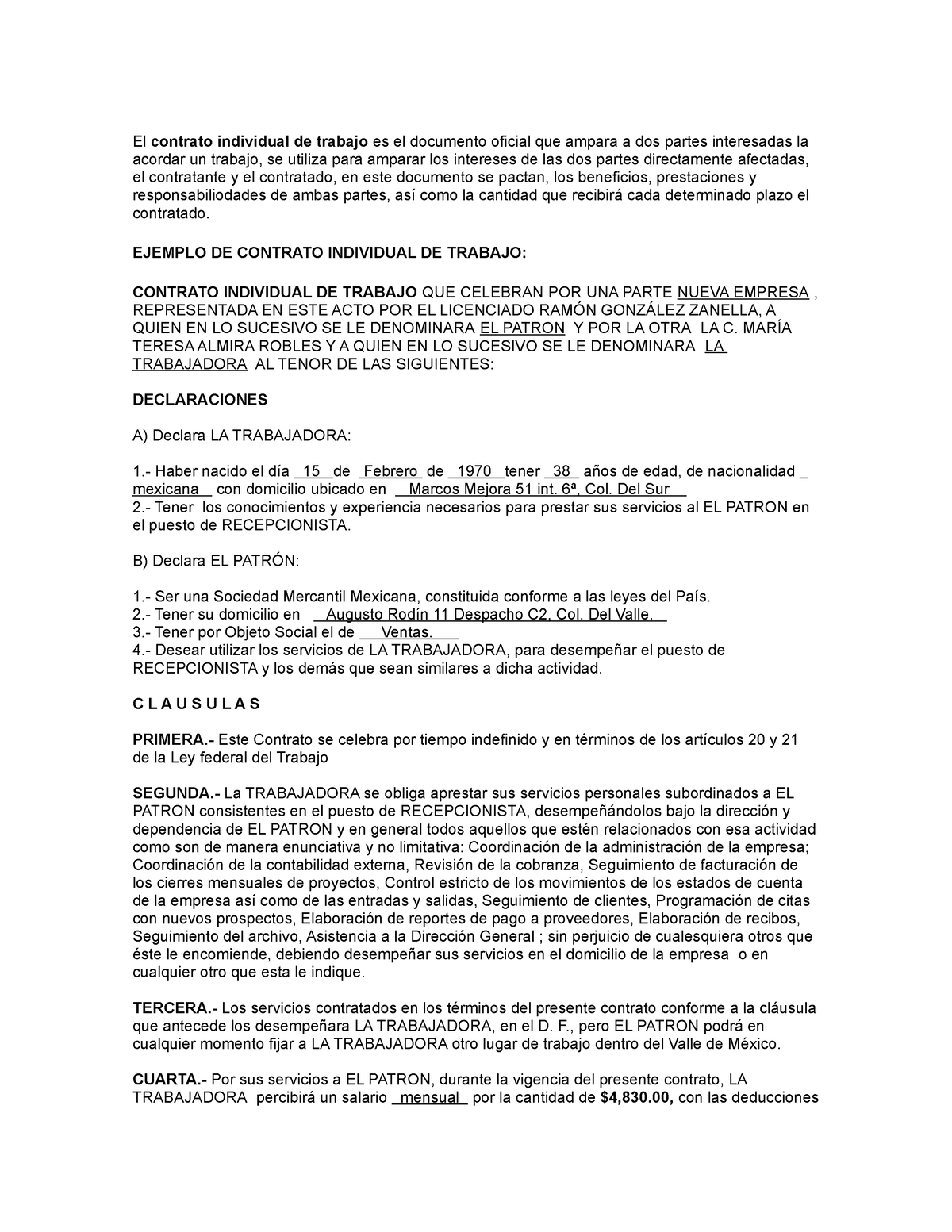 Contrato Individual De Trabajo Ejemplo De Contrato Individual De Trabajo Contrato Individual 9595