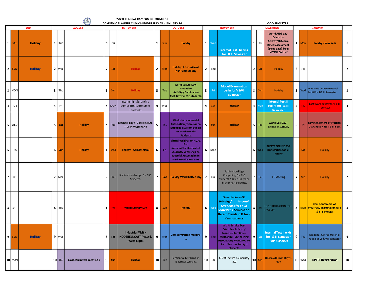 Rvstcc Academic Calendar 2023 - 2024 (4) - 1 SAT Holiday 1 Tue 1 Fri 1 ...